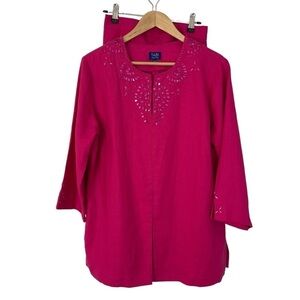 100% Linen Top + Pants Sz XL Pink Fuchsia Outfit Jacket Rhinestone Classy EUC